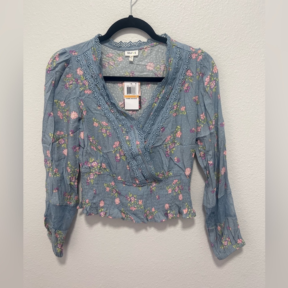 Selfie Blue Pink Green Floral Blouse Size Small